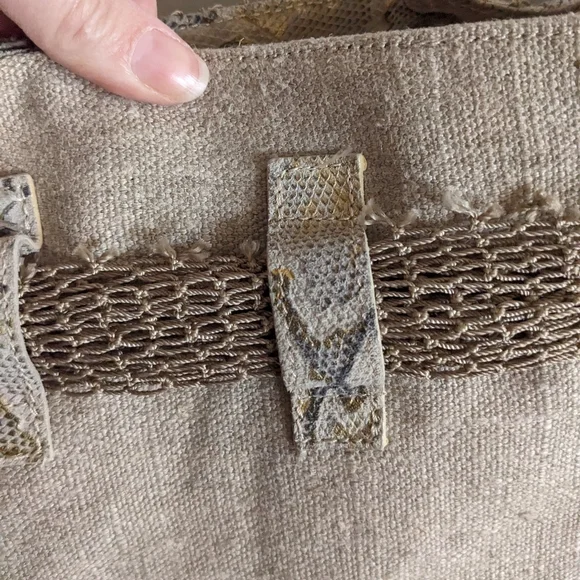 El Vaquero Beige Python Hobo Bucket Bag Purse Snakeskin Fishnet Linen - Picture 10 of 15